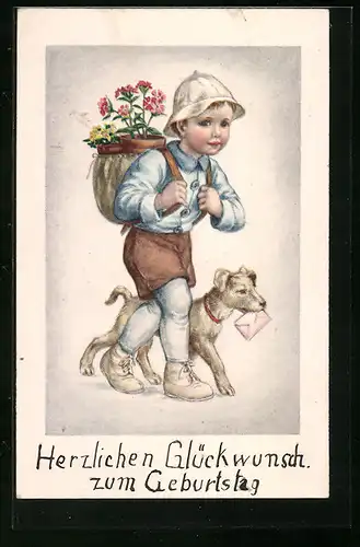 Künstler-AK Junge mit Hund und Blumen zum Geburtstag