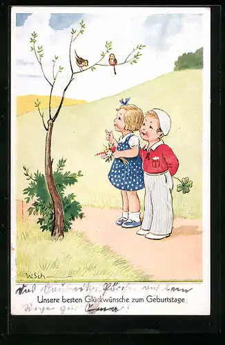 Künstler-AK Kinder mit Blumen zum Geburtstag