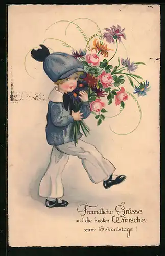 Künstler-AK Junge mit Blumen zum Geburtstag