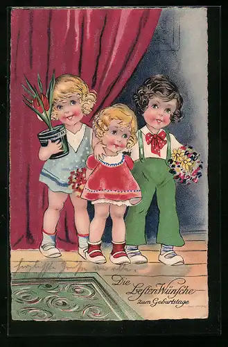 Künstler-AK Glückwünsche zum Geburtstag, Kinder mit Blumen