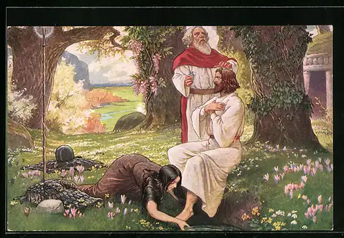 Künstler-AK Parsival - Salbung durch den Einsiedler und Fusswaschung durch die Gralsbotin