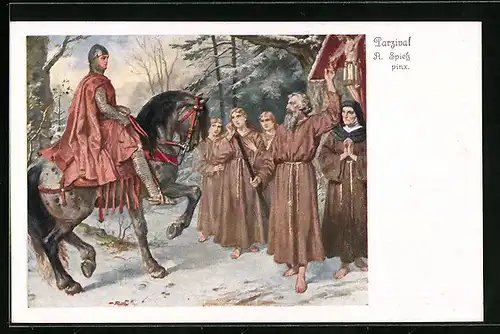 Künstler-AK Parsival begegnet einer wallfahrenden Ritterfamilie