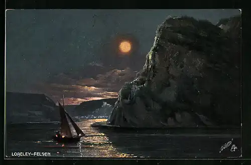 Künstler-AK Der Loreley-Felsen bei Vollmond