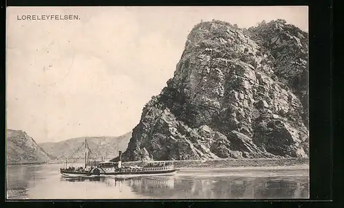 AK Loreleyfelsen mit Dampfboot in spiegelglattem Wasser