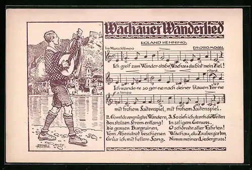 Künstler-AK Wachauer Wanderlied - Singender Bursche mit Mandoline