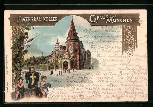 Lithographie München, Partie am Löwenbräu-Keller, Münchener Kindl