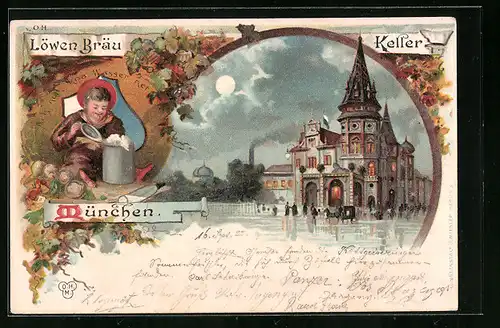 Mondschein-Lithographie München, Löwenbräu-Keller, Münchener Kindl mit gefülltem Bierkrug
