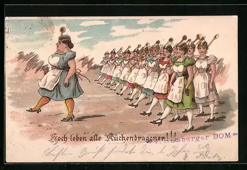 Lithographie Hoch leben alle Küchendragoner - Weibliches Regiment mit Kochlöffeln