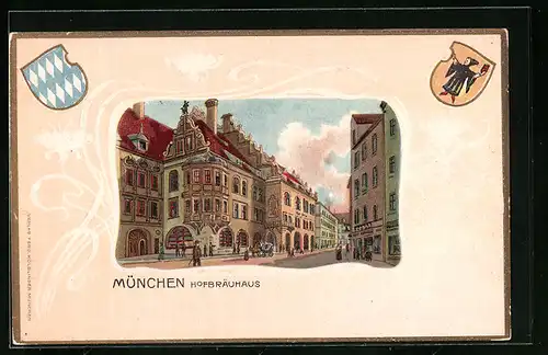 Passepartout-Lithographie München, Hofbräuhaus mit Strasse, Geprägte Ornamente, Wappen Bayern und Münchener Kindl