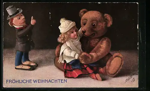Künstler-AK Fritz Hildebrandt unsign.: Steiff-Puppe im Arm eines Teddybären, eifersüchtiger Gatte
