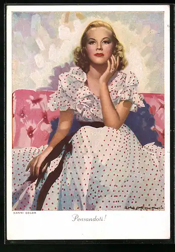Künstler-AK Nanni: Pensandoti!, Hübsche Blondine in Denkerpose