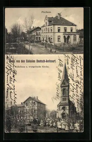 AK Deutsch-Avricourt, Pfarrhaus, Schulhaus und evangelische Kirche