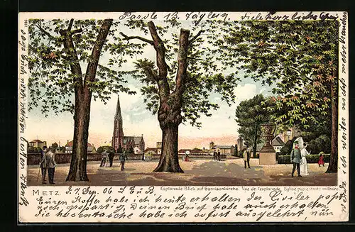 Lithographie Metz, Esplanade, Blick auf Garnisonkirche