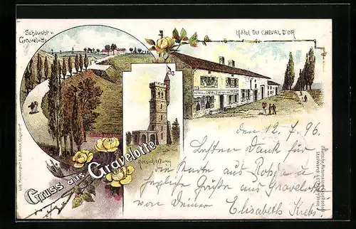 Lithographie Gravelotte, Hôtel du Cheval d`Or, Schlucht von Gravelotte mit Aussichtsturm