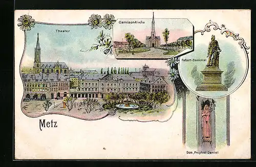 Lithographie Metz, Theater, Garnisonkirche, Fabert-Denkmal, Prophet Daniel am Dom