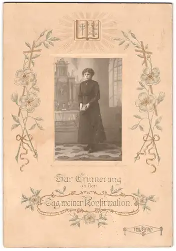 Fotografie Emil Roitsch, Eibau i. Sa., junges Mädchen im schwarzen Kleid zur Konfirmation, Erinnerung an den Tag