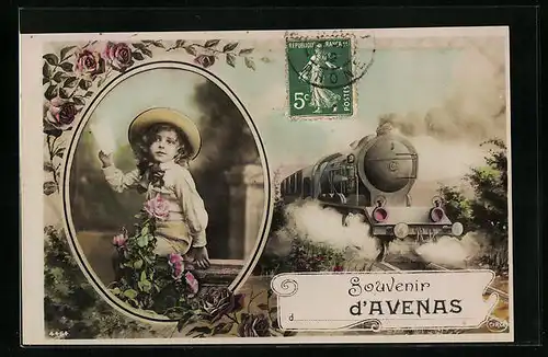 AK Avenas, Kind mit Rosengruss, Eisenbahn