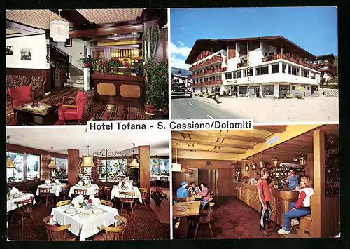 AK San Cassiano, Hotel Tofana mit Strasse, Innenansichten