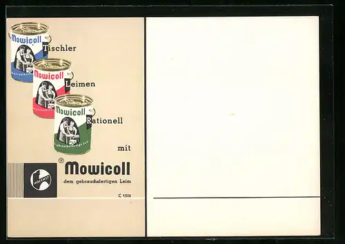 AK Tischler leimen rationell mit Mowicoll, Reklame für Leim von Hoechst