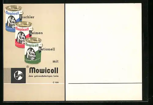 AK Tischler leimen rationell mit Mowicoll, Leim-Reklame von Hoechst