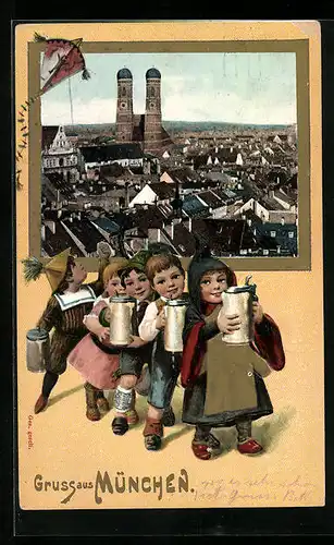 Präge-AK München, Teilansicht mit Frauenkirche, Münchner Kindl und Kinder mit Bierkrügen