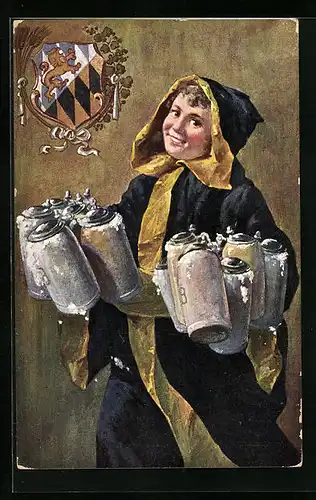 AK Münchner Kindl mit Bierkrügen und Wappen