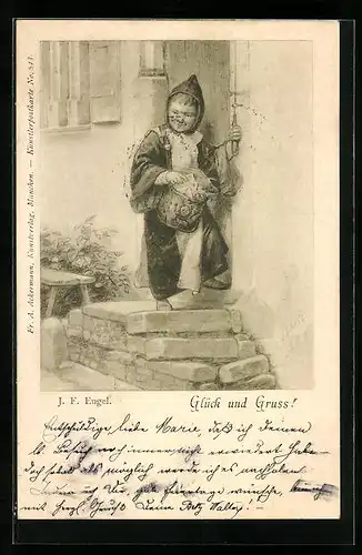 AK Münchner Kindl mit Posttasche klingelt an der Tür