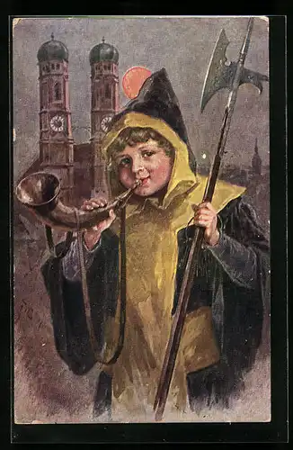 Künstler-AK München, Münchner Kindl mit Horn bei Mondschein, Im Hintergrund Frauenkirche