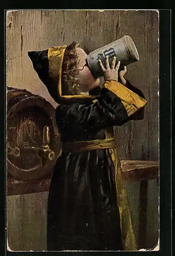 AK Münchner Kindl trinkt aus einem Bierkrug