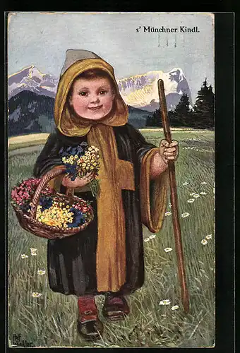 AK S` Münchner Kindl mit einem Blumenkorb