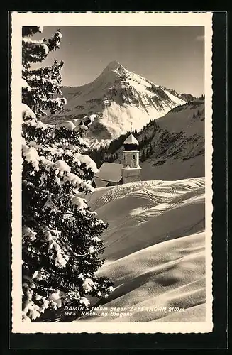 AK Damüls, Kirche und Zaferhorn im Winterglanz