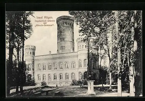 AK Binz / Rügen, Jagdschloss Granitz mit Hirsch-Denkmal
