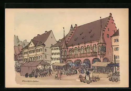 Künstler-AK Freiburg i. Br., Kaufhaus und Markt