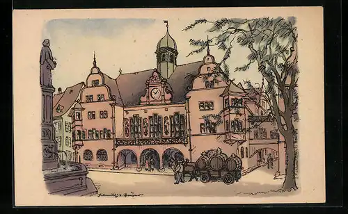 Künstler-AK Freiburg i. Br., am Rathaus