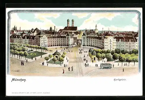 Lithographie München, Karlsplatz aus der Vogelschau