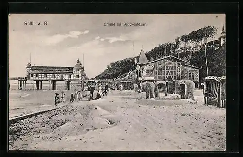 AK Sellin / Rügen, Strand mit Brückenbazar