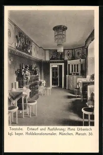 AK München, Ausstellung bemalter Wohnräume, 1910, Teestube, Entwurf von Hans Urbanisch