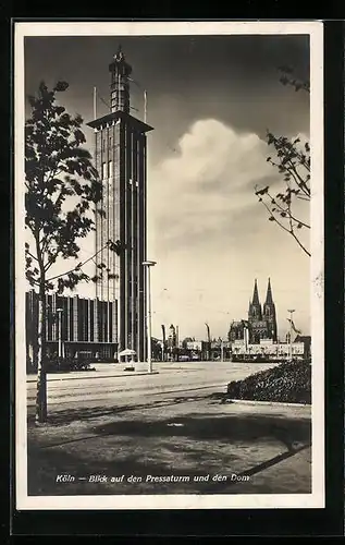 AK Köln, Blick auf den Pressaturm und den Dom 1928