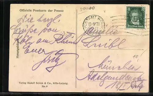 AK Köln, Pressa 1928, Offizielle Postkarte - Hauptgebäude mit Strasse aus der Vogelschau