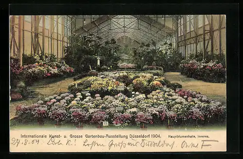 AK Düsseldorf, Internat. Kunst- und Grosse Gartenbau-Ausstellung 1904 - Hauptblumenhalle, Innenansicht