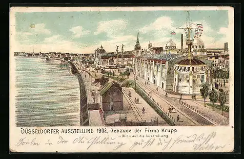 Lithographie Düsseldorf, Ausstellung 1902 - Gebäude der Firma Krupp und Blick auf die Ausstellung