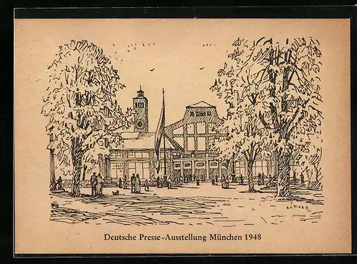 Künstler-AK München, Deutsche Presse-Ausstellung 1948 - Ausstellungsgebäude