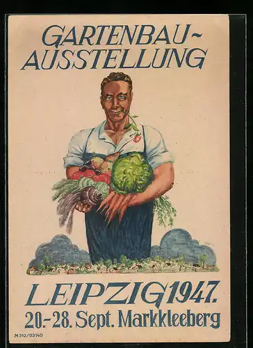 Künstler-AK Markkleeberg, Gartenbau-Ausstellung Leipzig 1947, 20.-28. Sept. Markkleeberg - Gärtner mit Erntegut