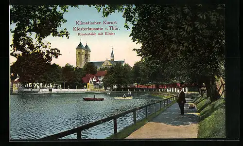 AK Klosterlausnitz, Partie am Klosterteich mit Blick auf Kirche