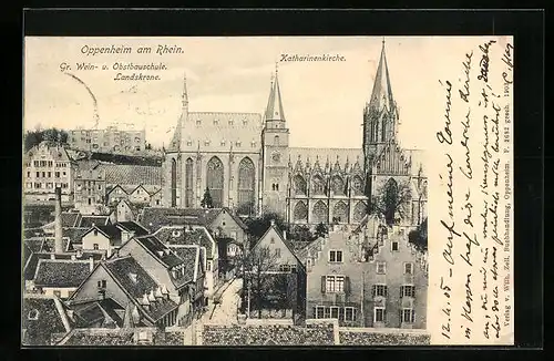 AK Oppenheim a. Rh., Teilansicht mit Weinbauschule Landskrone und Katharinenkirche