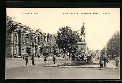 AK Düsseldorf, Alleestrasse mit Bismarckdenkmal und Theater
