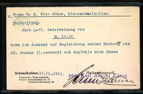 AK Schmalkalden, Carl August König, Firma G. B. Wiss Söhne, Buchhaltung