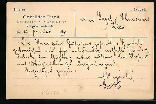 AK Klein-Schmalkalden, Gebrüder Funk, Korbwaren-Manufactur, Export