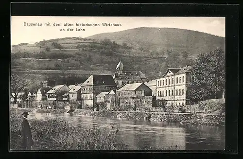 AK Dausenau, Lahnpartie mit dem alten historischen Wirtshaus a. d. Lahn