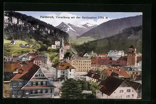 AK Feldkirch, Ortsansicht mit der Gurtisspitze